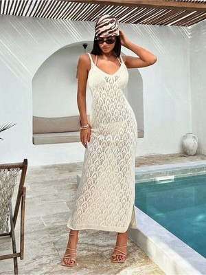 Jinx Wear Fashion Kadınlar Için Ajurlu Uzun Triko Ip Askılı Elbise Trend Alaçatı Plaj Tatili Için Mükemmel
