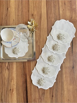 Nurhan Home Collection 6 Adet Gümüş Incili Ekru Nakışlı Kahve Yanı Kokteyl Sunum Peçetesi