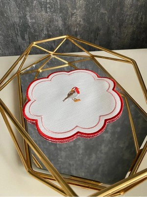 Nurhan Home Collection Love Birds Keten Kumaş Kırmızı Nakışlı Kahve Yanı Kokteyl Sunum Peçete