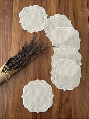Nurhan Home Collection 6 Adet Çift Sıra Nakışlı Kahve Yanı Kokteyl Sunum Peçetesi