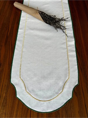 Nurhan Home Collection Çift Sıra Gold-Yeşil Nakışlı Oval Keten Runner