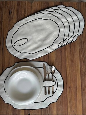 Nurhan Home Collection 6 Adet Siyah Renk Nakışlı Kaşıklıklı Oval Amerikan Servis Supla