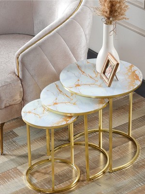 SEDAS LIVING UNITS 3'lü Beyaz Sarı Mermer Camlı Gold Metal Sehpa Zigon