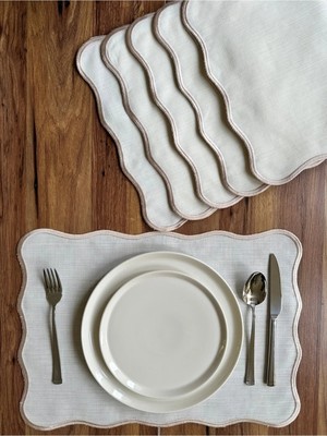 Nurhan Home Collection 6 Adet Pera Dalgalı Serisi Vizon Nakışlı Ekru Keten Amerikan Servis, Supla