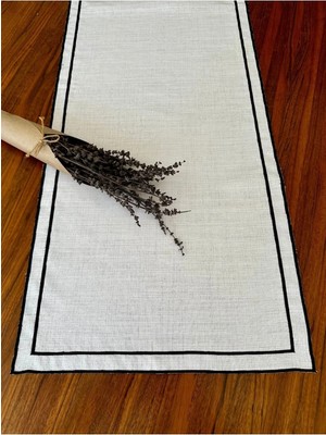 Nurhan Home Collection Çift Sıra Siyah Nakışlı Keten Runner