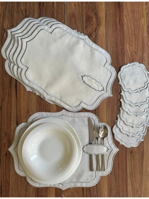 Nurhan Home Collection Çift Sıra Gümüş Nakışlı 12 Parça Amerikan Servis ve Kahve Yanı Sunum Peçetesi