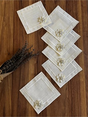 Nurhan Home Collection 6 Adet Çift Sıra Nakışlı Broşlu Kare Kokteyl Sunum Peçetesi