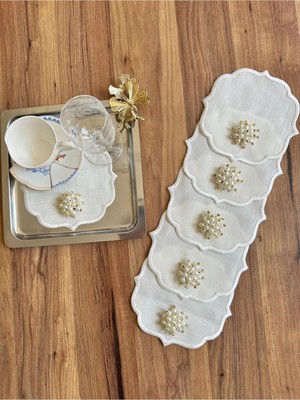 Nurhan Home Collection 6 Adet Gold Incili Ekru Nakışlı Kahve Yanı Kokteyl Sunum Peçetesi