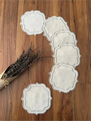 Nurhan Home Collection 6 Adet Çift Sıra Nakışlı Kahve Yanı Kokteyl Sunum Peçetesi