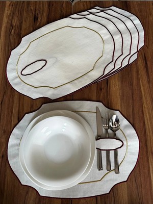 Nurhan Home Collection 6 Adet Bordo-Gold Nakışlı Kaşıklıklı Oval Amerikan Servis Supla