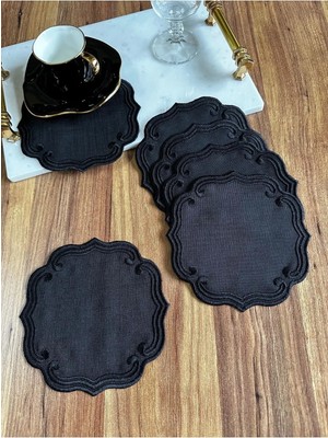 Nurhan Home Collection 6 Adet Curly Modeli Siyah Renk Nakışlı Kahve Yanı Kokteyl Sunum Peçete