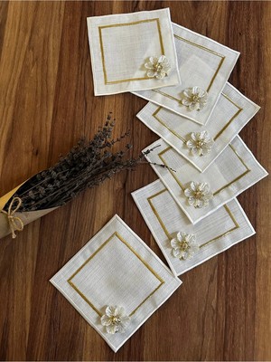 Nurhan Home Collection 6 Adet Çift Sıra Nakışlı Broşlu Kare Kokteyl Sunum Peçetesi