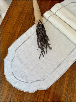 Nurhan Home Collection Çift Sıra Gümüş Nakışlı Oval Keten Runner