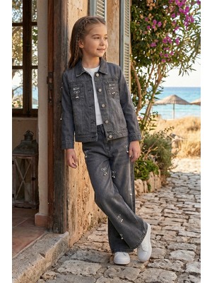 Kinderos Bow Nakışlı Taşlı Kız Çocuk 3\'lü Kot Takım - 26Y 1467