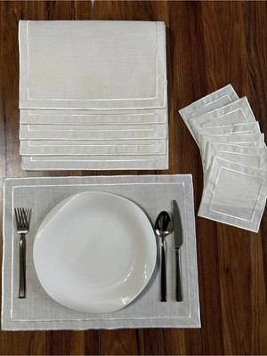 Nurhan Home Collection Ekru Nakışlı 12 Parça Set Amerikan Servis ve Kokteyl Sunum Peçetesi