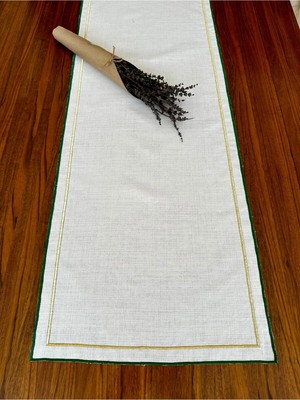 Nurhan Home Collection Çift Sıra Gold-Yeşil Nakışlı Keten Runner