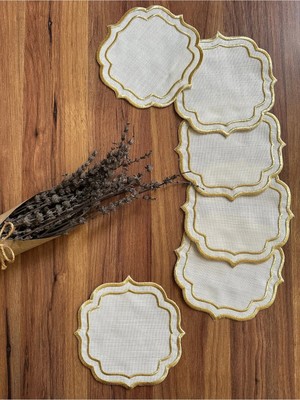Nurhan Home Collection 6 Adet Çift Sıra Nakışlı Kahve Yanı Kokteyl Sunum Peçetesi
