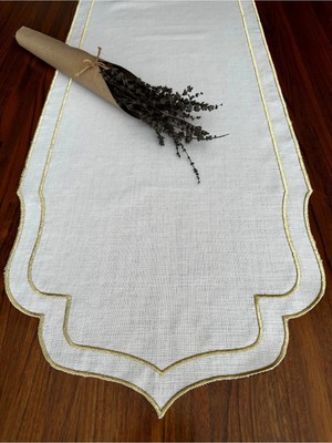 Nurhan Home Collection Çift Sıra Gold Renk Nakış Işlemeli Keten Runner
