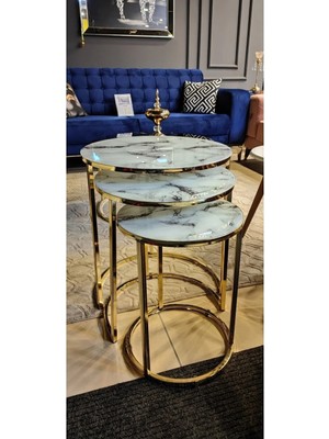 SEDAS LIVING UNITS Beyaz Mermer Desenli Cam 3'lü Gold Metal Zigon Sehpa