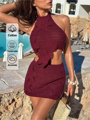 Jinx Wear Fashion Kadın Triko Plaj Mini Etekli Deniz Yıldızı Aplik Nakış Büstiyer Takım