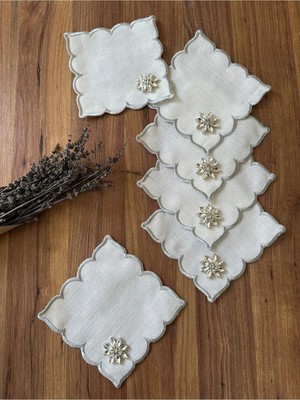 Nurhan Home Collection 6 Adet Gümüş Taşlı Kubbeli Nakışlı Kokteyl Sunum Peçetesi
