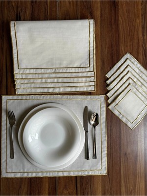 Nurhan Home Collection Çift Sıra Gold Nakışlı 12 Parça Set, Amerikan Servis Supla ve Kahve Yanı Kokteyl Sunum Peçetesi