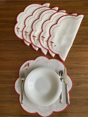 Nurhan Home Collection 6 Adet Love Bırds Desenli Kırmızı Nakışlı Amerikan Servis