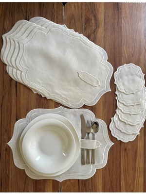 Nurhan Home Collection Çift Sıra Ekru Nakışlı 12 Parça Amerikan Servis ve Kahve Yanı Sunum Peçetesi