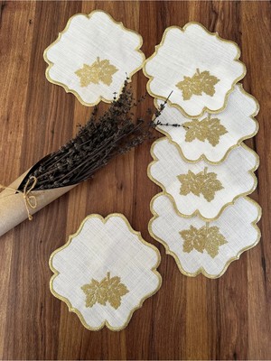 Nurhan Home Collection 6 Adet Yaprak Desenli Gold Renk Nakışlı Kahve Yanı Sunum Kokteyl Peçetesi