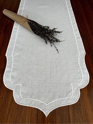 Nurhan Home Collection Çift Sıra Ekru Renk Nakış Işlemeli Keten Runner