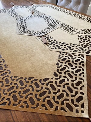 Nurhan Home Collection Trendy Modeli Gold Renk Altı Siyah Tüllü Salon Takımı Ruunner Örtü 4 Parça