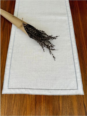 Nurhan Home Collection Çift Sıra Gümüş Nakışlı Keten Runner