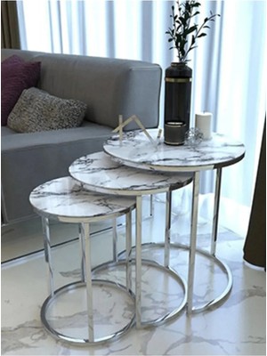 SEDAS LIVING UNITS 3'lü Beyaz Mermer Camnikel Metal Sehpa