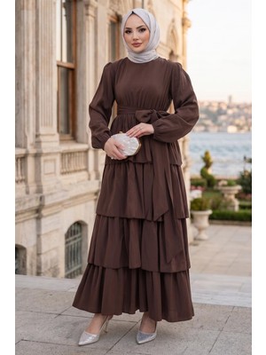 Hafsa Mina Beli Lastikli Bağlamalı Kat Kat Modal Elbise Kahverengi HM2915