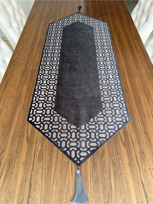 Nurhan Home Collection Trendy Modeli Füme Renk Kadife Kumaş Altı Beyaz Tüllü Masa Örtüsü Runner