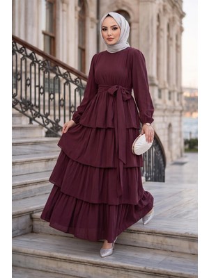 Hafsa Mina Beli Lastikli Bağlamalı Kat Kat Modal Elbise Bordo HM2915
