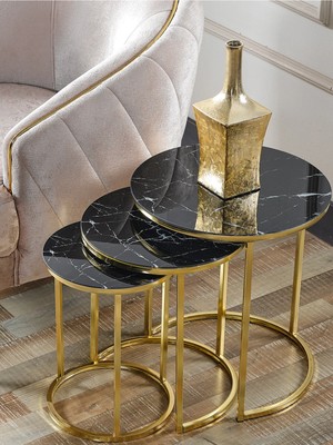 SEDAS LIVING UNITS 3'lü Siyah Mermer Cam Gold Metal Sehpa