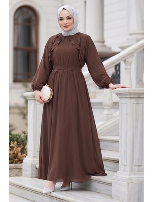 Hafsa Mina Kuşaklı Beli Lastikli Modal Elbise Kahverengi HM2916