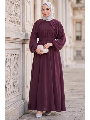 Hafsa Mina Kuşaklı Beli Lastikli Modal Elbise Bordo HM2916