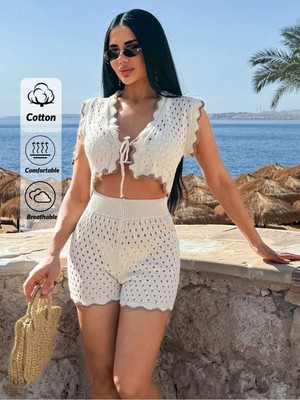 Jinx Wear Fashion Fırfır Detay Ön Bağlamalı Yelek Şortlu Ajurlu Plaj Yazlık Takım