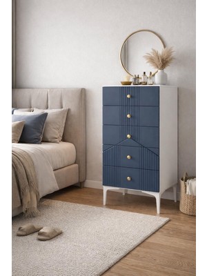 By Cino BYCİNO Cenova 5 Çekmeceli Modern Tasarım Mdf Membran Kapak Lambiri Lacivert Şifonyer