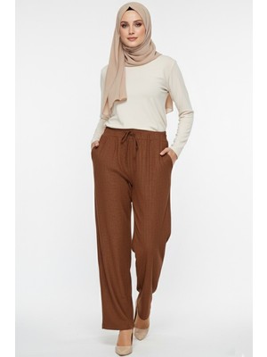 Hadiora Kadın Taba Beli Lastikli Bağcıklı Atlas Bol Paça Pantolon