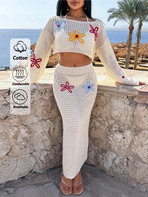 Jinx Wear Fashion Yeni Aşıklar ve Arkadaşlar Takımı Çiçek Nakış Aplik Büstiyer ve Etekli Beyaz Kadın Plaj Tığ Örgü