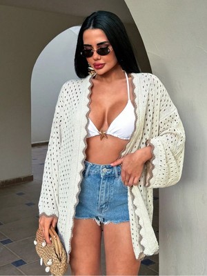 Jinx Wear Fashion Kadın Yaz Tatil Plaj Örgü Retro Ön Bantlı Bikini Üstü Kimono Ceket