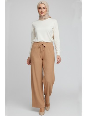 Hadiora Kadın Camel Beli Lastikli Bağcıklı Atlas Bol Paça Pantolon