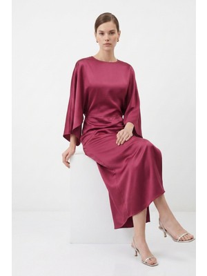 Rays Bordo Yarasa Kol Yırtmaçlı Saten Midi Elbise 252767