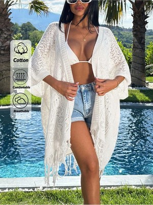 Jinx Wear Fashion Yazlık Tığ Işi Kimono Kadın Plaj Pareo Püsküllü Hırka Ceket