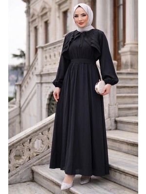 Hafsa Mina Kuşaklı Beli Lastikli Modal Elbise Siyah HM2916