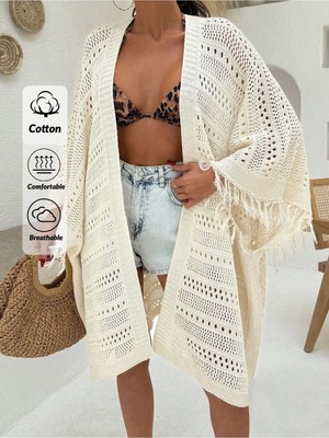 Jinx Wear Fashion Kadınlar Için Plaj Yaz Tatil Kimono, Önü Açık Kısmında Püskül Detaylı Örgü Hırka
