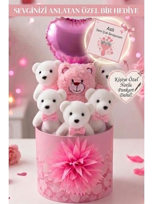 Sole Kişiye Özel Notlu Peluş Ayıcık Kutusu Pembe Kalpli Balonlu Sevgili Hediyesi